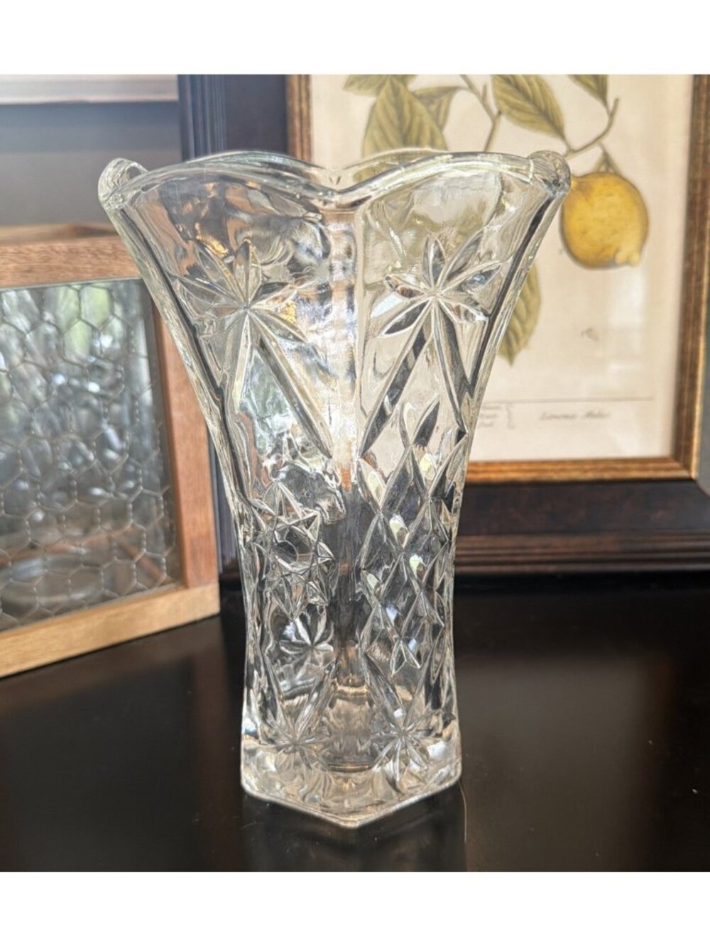 Vintage Star of David 8-1/2” Flower Vase Early American Prescut Clear Glass